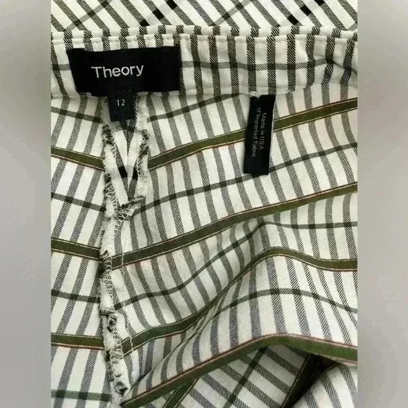 Theory Classic Skinny Pant Plaid Viscose Grid Ivory Black Green Women’s Size 12